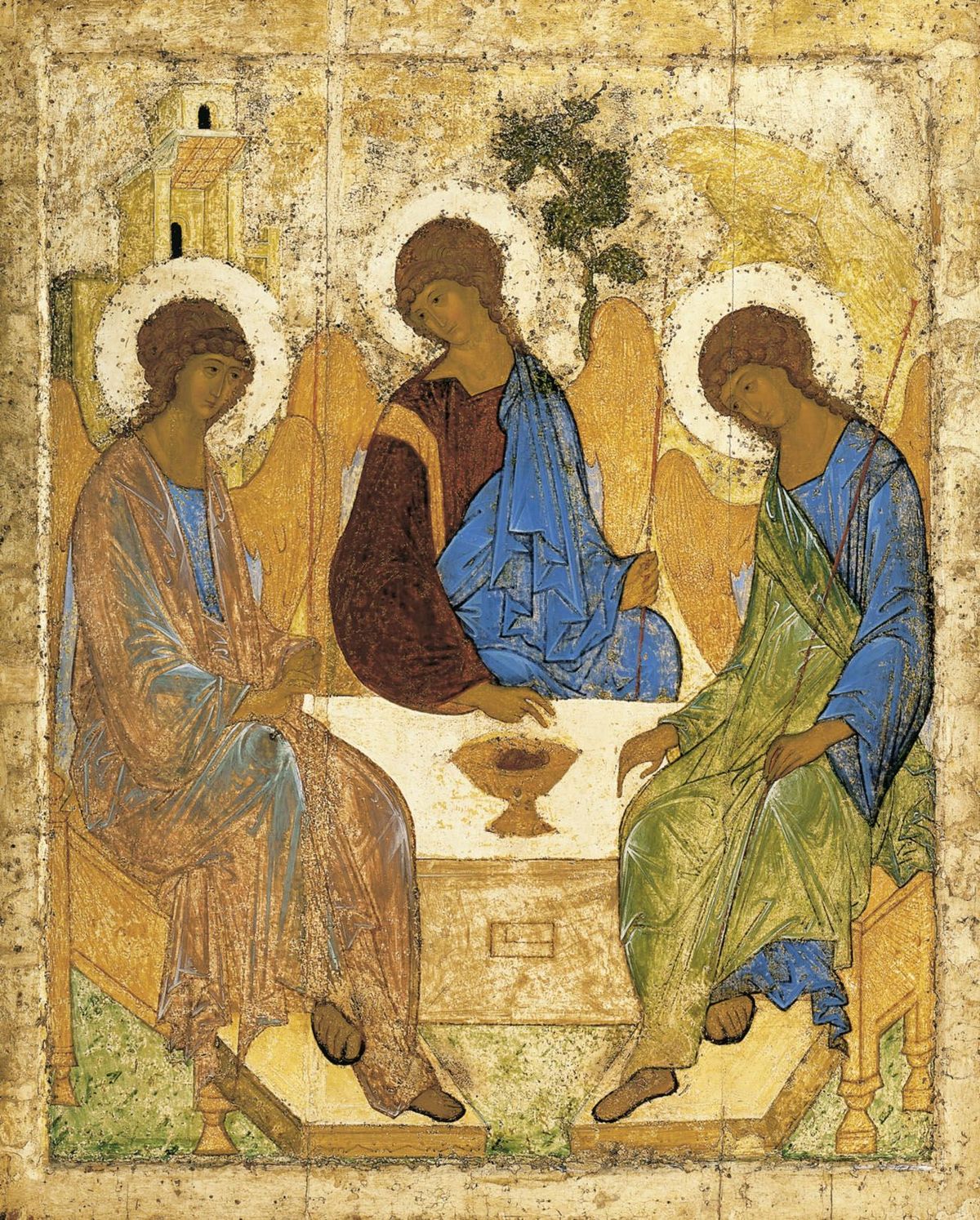 Three Angels Being Hosted by Abraham at Mambré. (early 15th century) by Andrei Rublev - Public Domain Orthodox Painting