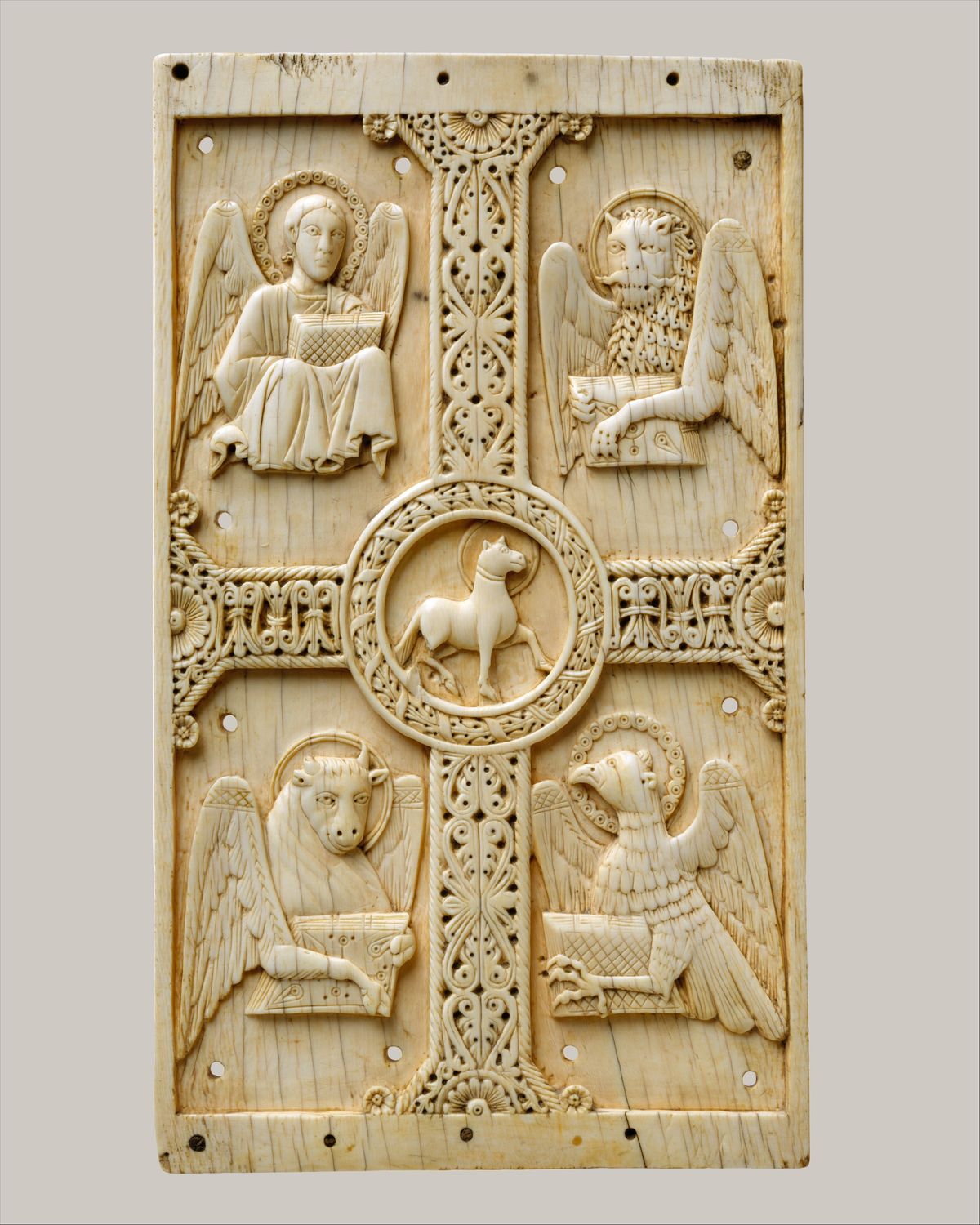 Plaque with Agnus Dei on a Cross between Emblems of the Four Evangelists (1000-1050, South Italian) - Catholic Stock Photo