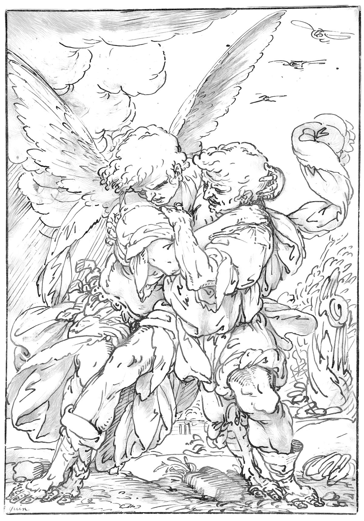 Jacob Wrestling with the Angel (1601-1668) attributed to Giulio Benso -Catholic Coloring Page