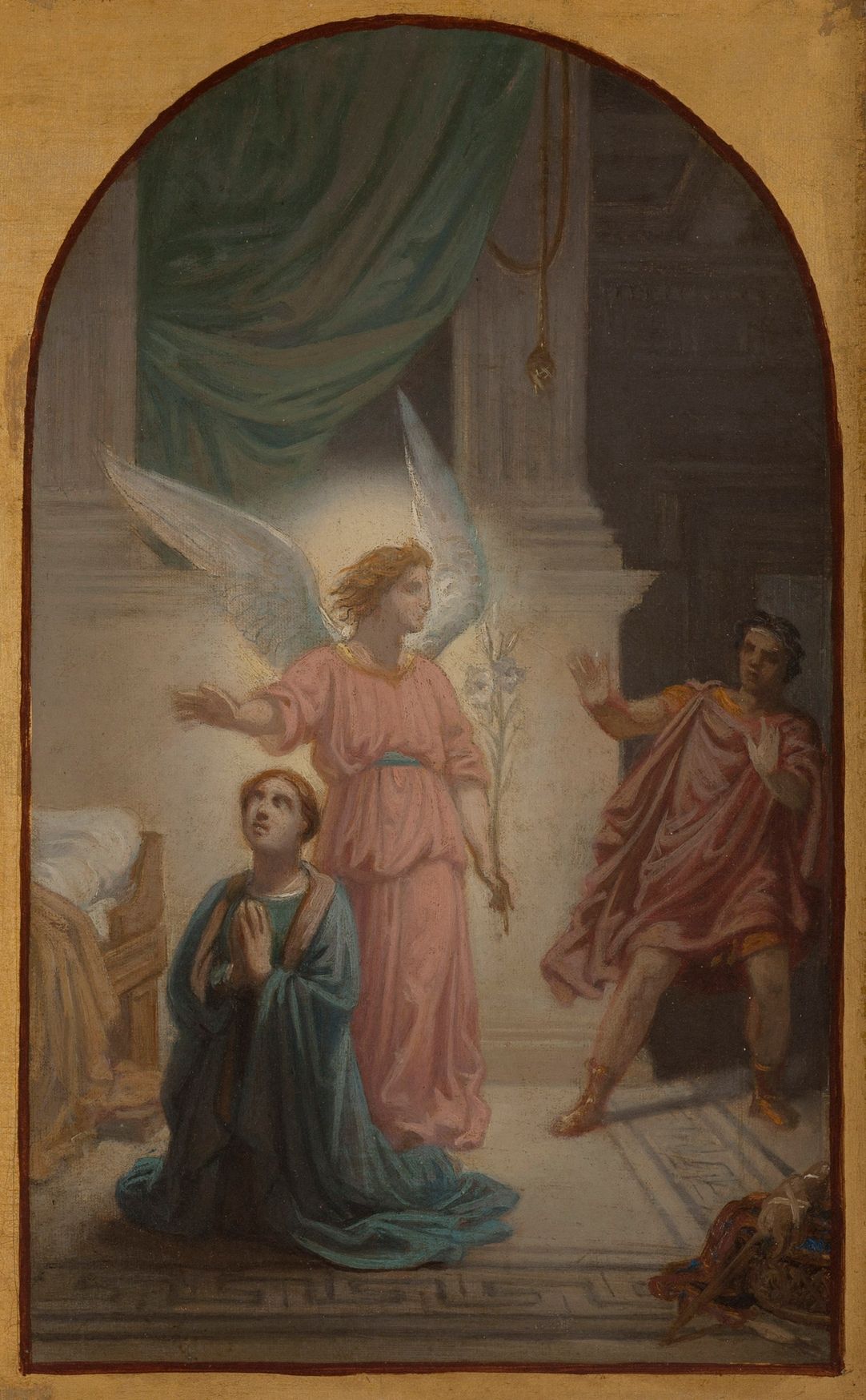 Maximian Recoiling at the Sight of the Angel Who Protects Saint Suzanne (1857) by Sébastien Norblin de la Gourdaine - Public Domain Catholic Painting