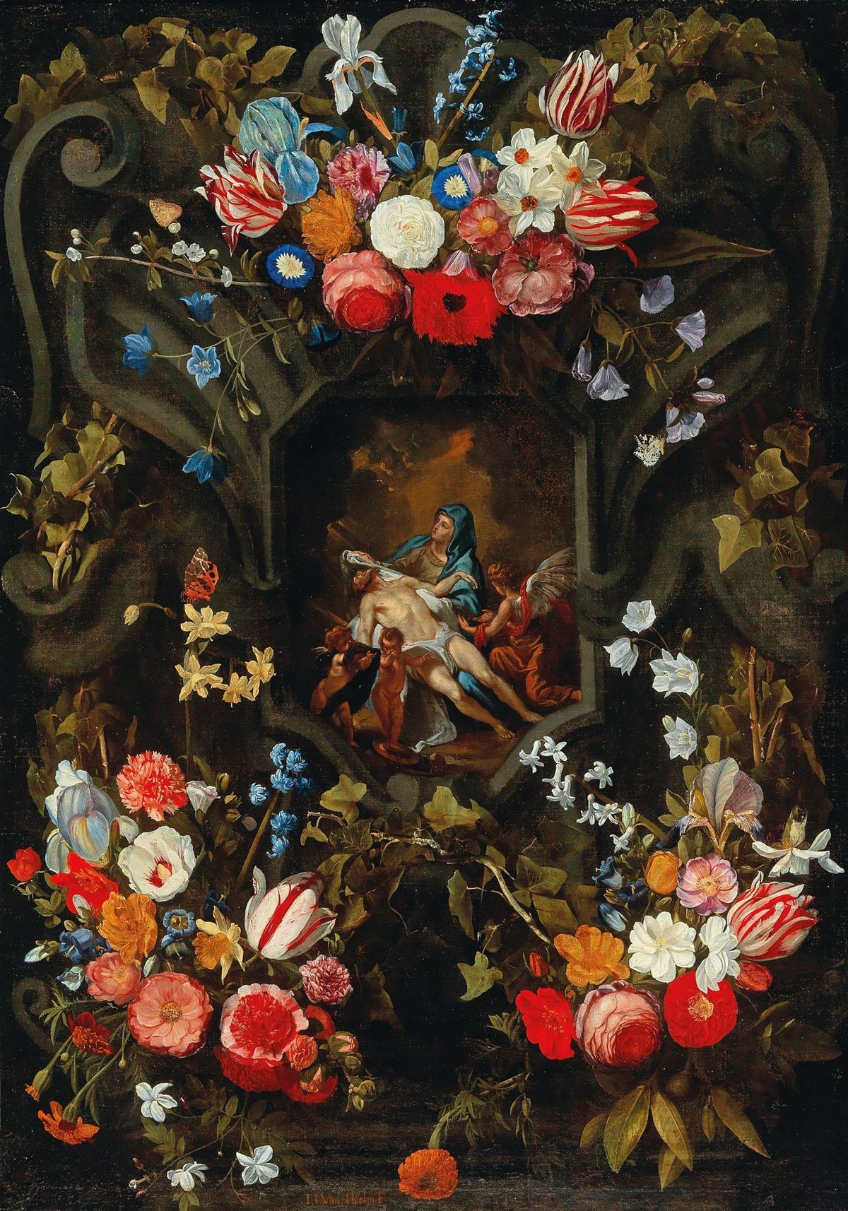 A Garland of Flowers Surrounding a Cartouche with a Pietà (1618–1667) by Jan Philips van Thielen - Public Domain Catholic Painting
