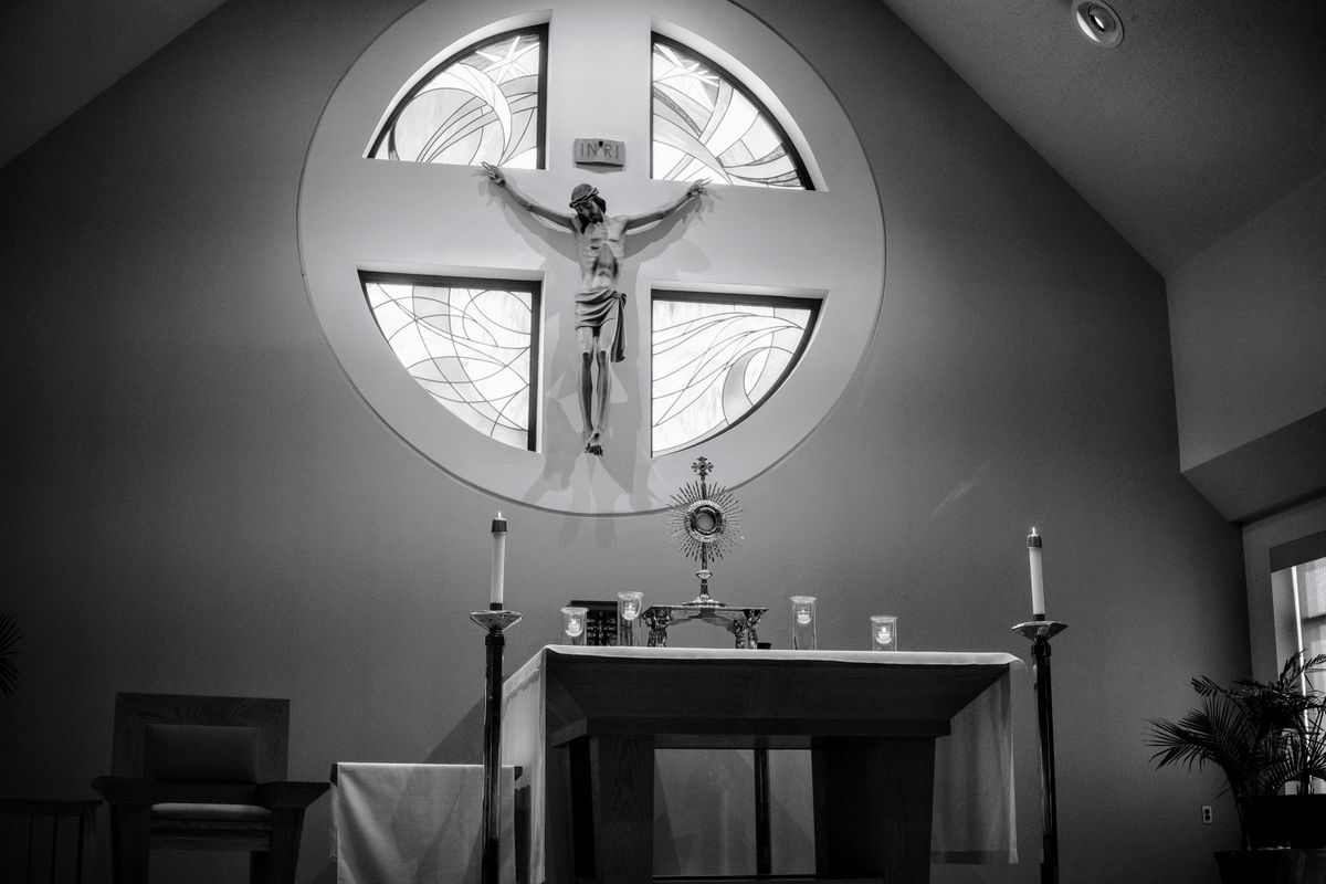 Monstrance on the Altar (Eucharistic Adoration) at Holy Spirit Church, Virginia Beach, Virginia - Catholic Stock Photo