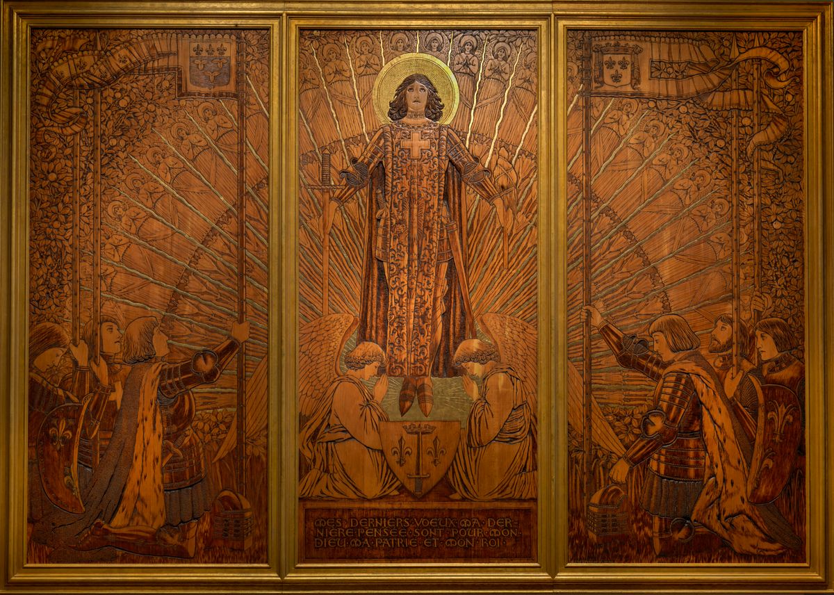 Adoration of St. Joan of Arc Wood Relief (1896) by J. William Fosdick - Catholic Stock Photo