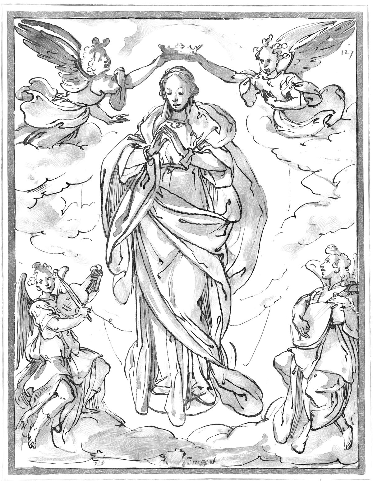 The Virgin Immaculate Crowned by Two Angels, with Angel Musicians in the Foreground (1555-1630) by Domenico Fontana - Catholic Coloring Page
