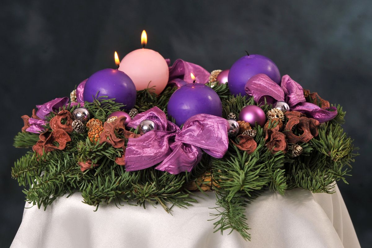 Advent Wreath with Violet and Rose Candles - Catholic Stock Photo