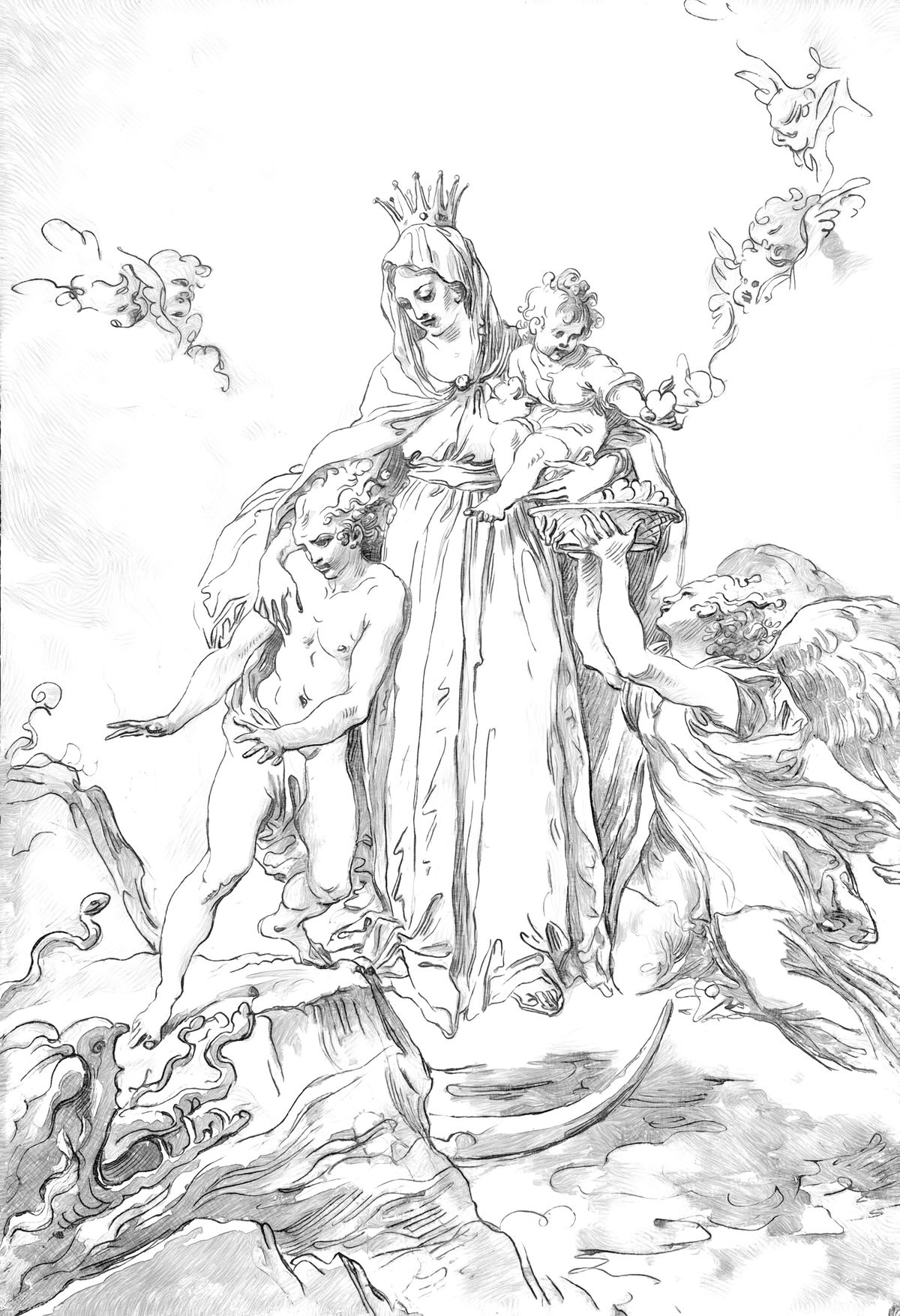 The Virgin Immaculate with the Christ Child (1770) by Giuseppe Cades - Catholic Coloring Page