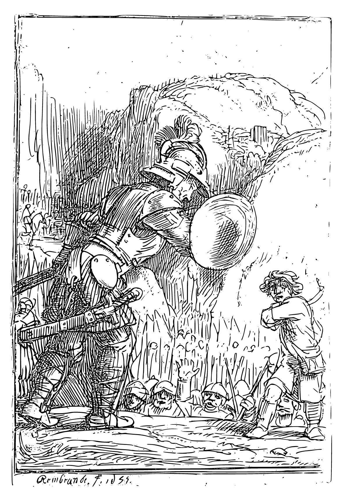 David and Goliath (1655, Dutch) by Rembrandt van Rijn - Bible Coloring Page