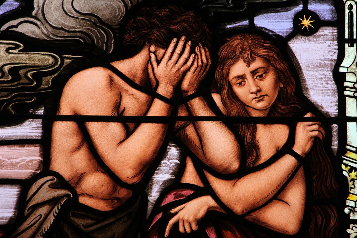Expulsion of Adam and Eve from the Garden, Stained Glass Window (2016, Saint Mary Magdelene Church, Greenville, South Carolina, United States) - Catholic Stock Photo