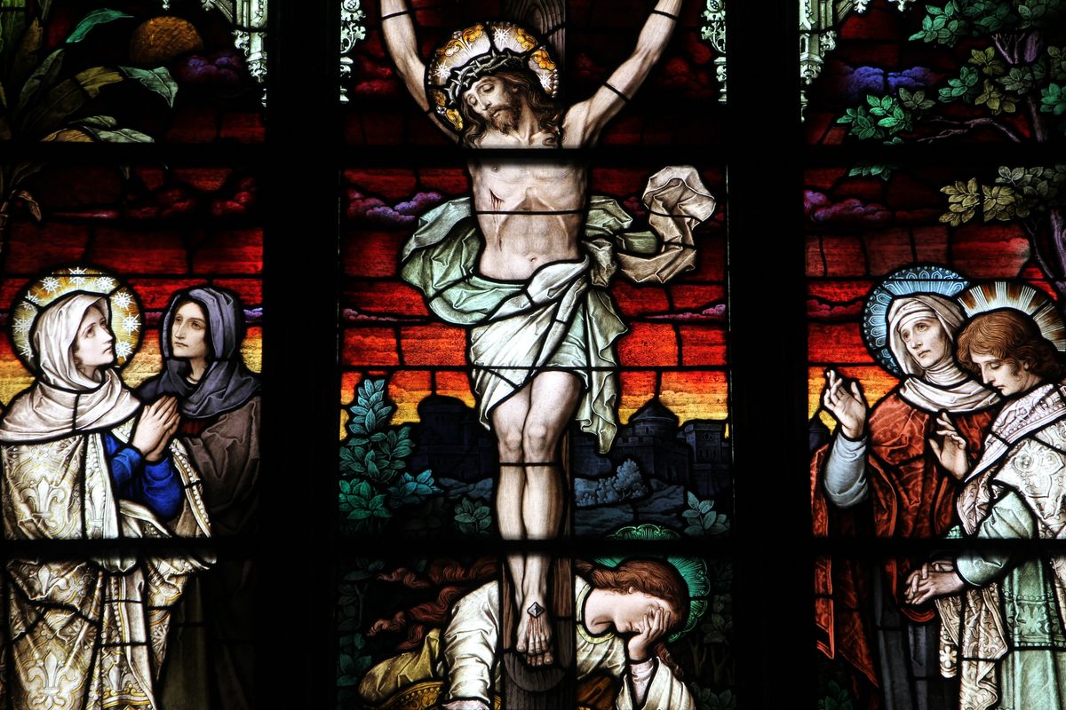 Crucifixion Stained Glass (2016, Saint Mary Magdelene Church, Greenville, South Carolina, United States) - Catholic Stock Photo