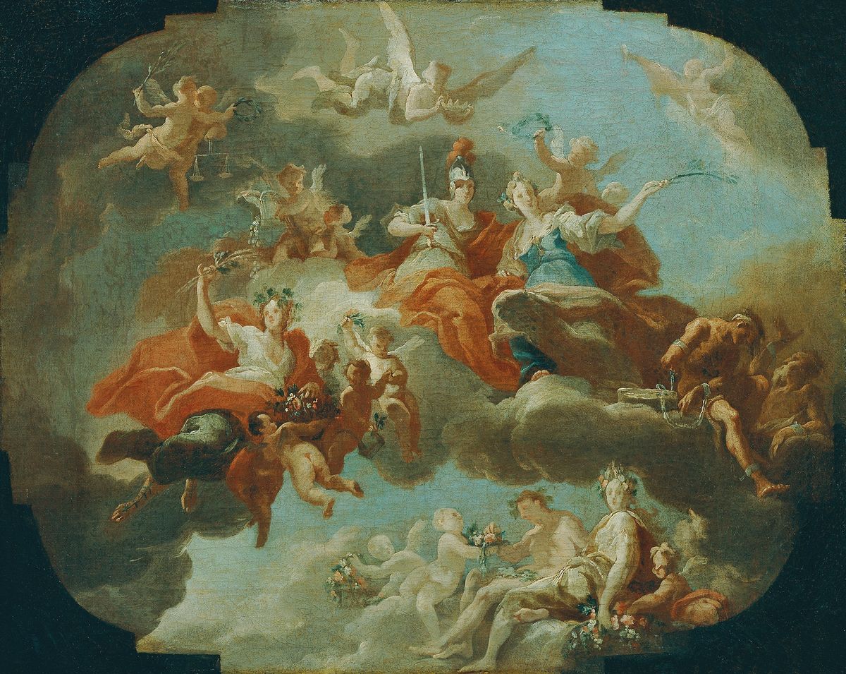 Allegory of Peace and Justice (1717, Italy) by Carlo Carlone - Public Domain Catholic Painting