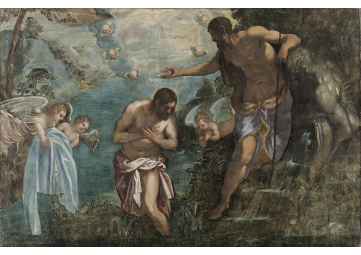 Baptism of Christ (1580s) by workshop of Jacopo Tintoretto - Public Domain Catholic Painting