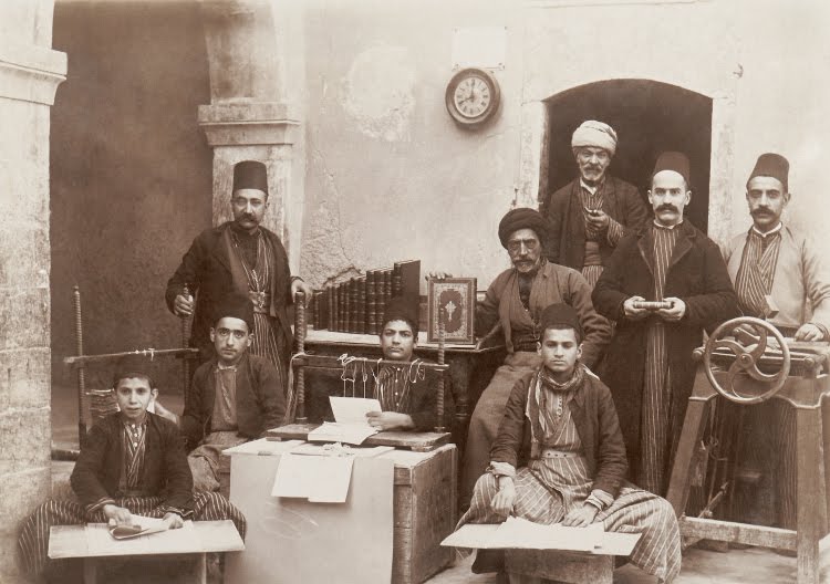 Chaldean Catholic bookbinders in Mosul (1890) - Vintage Catholic Stock Photo