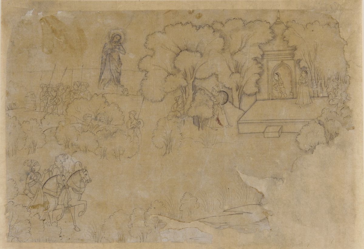 Landscape with a figure of the Virgin Mary (17th Century, Mughal Dynasty) - Public Domain Catholic Drawing