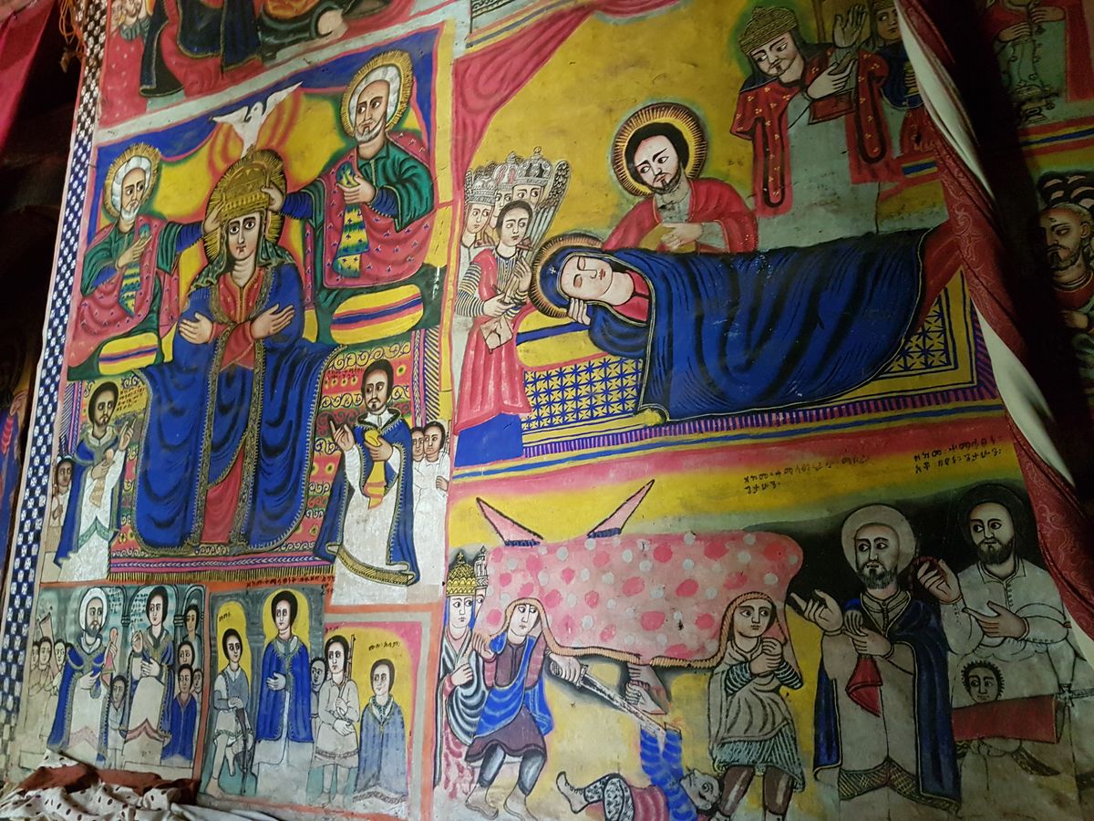 Orthodox icon in the main church of the Betremariam monastery (Lake Tana, Ethiopia, 2018) - Byzantine Stock Photo