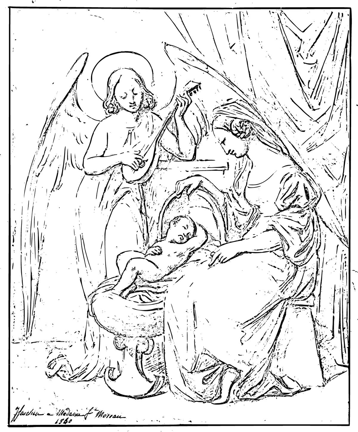 Virgin and Child Adored by a Lute-Playing Angel (1820–1852, France) by Jean-Jacques Feuchère - Catholic Coloring Page