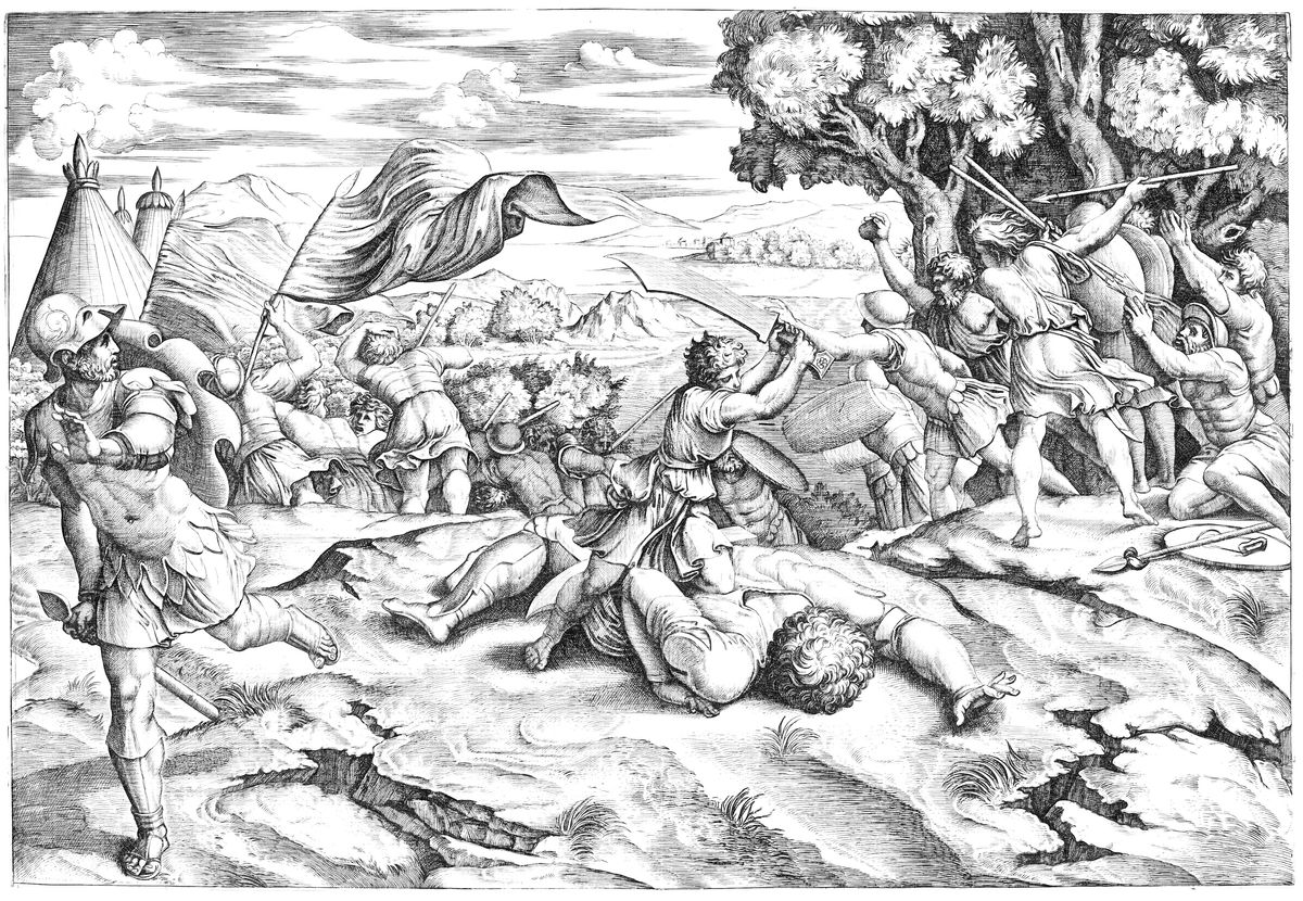 David Beheading Goliath (1520-1525, Italy) by Marcantonio Raimondi - Bible Coloring Page