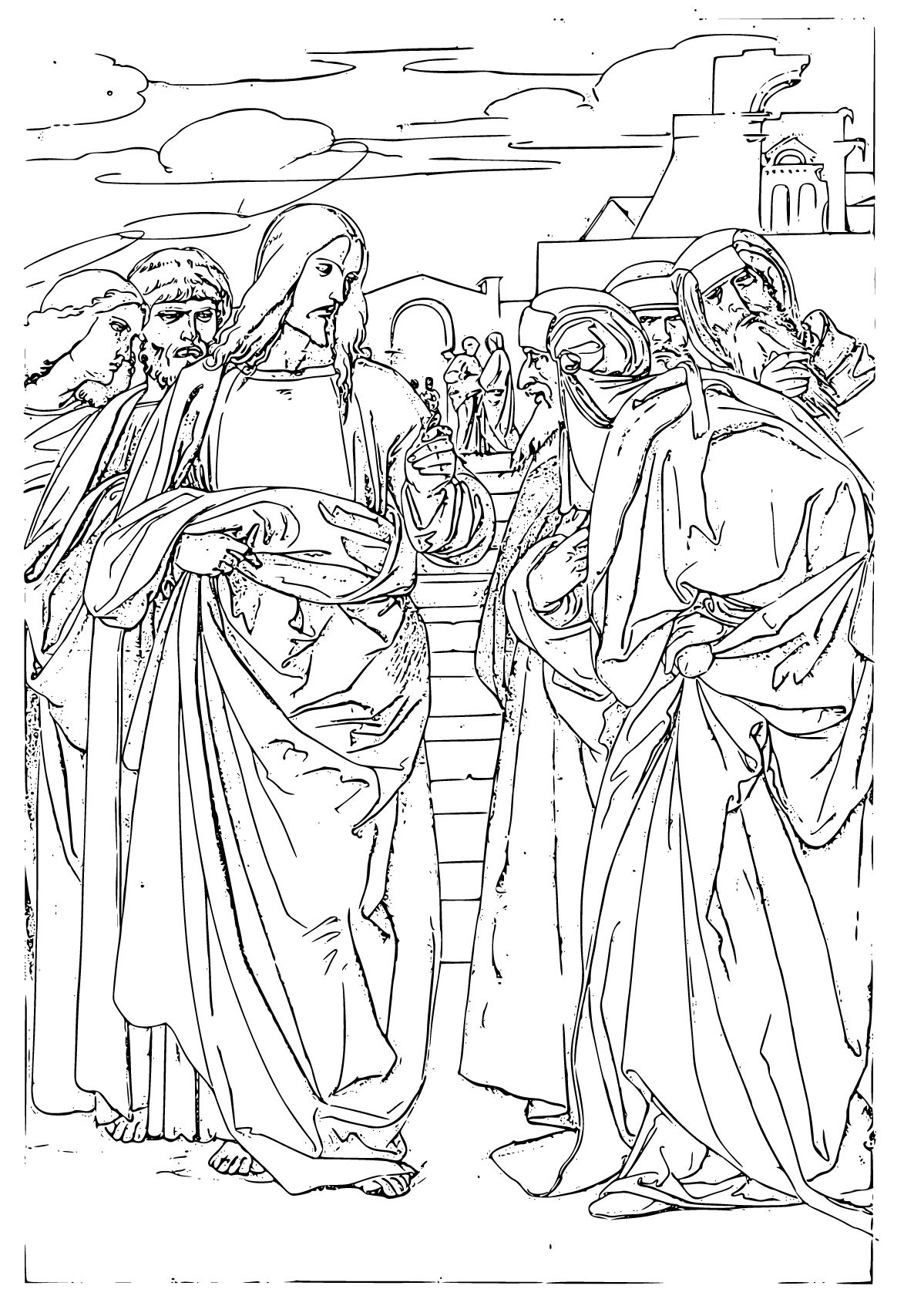 Jesus Teaching (Render unto Ceaser, Mark 12:17) (circa 1900) by Eduard Von Steinle - Bible Coloring Page