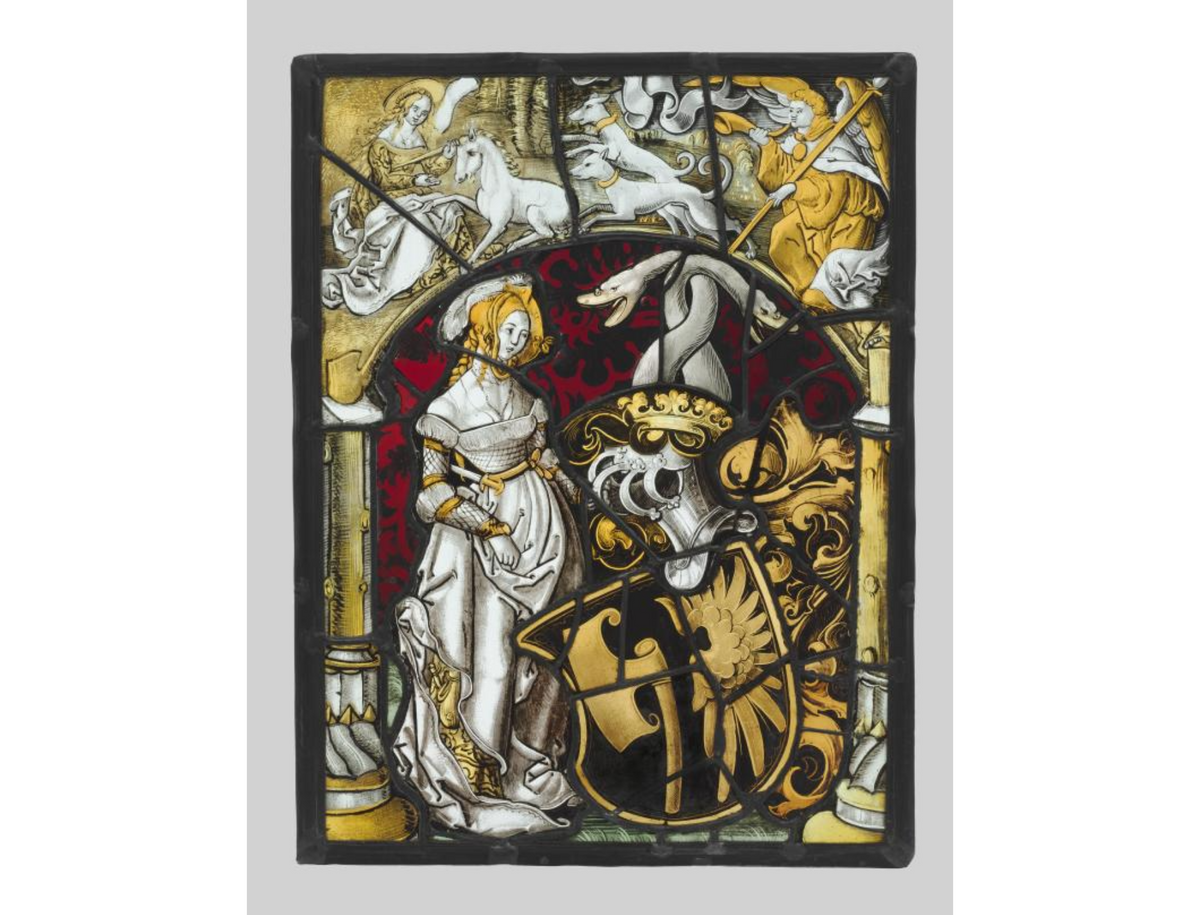Heraldic Panel with Arms of Lichtenfels and a Unicorn Hunt (1515, Germany or Switzerland) - Catholic Stock Photo