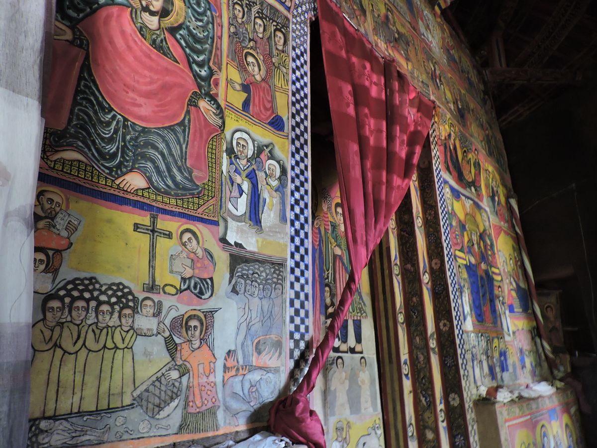 Orthodox Icon in the Main Church of the Betremariam Monastery (2018, Lake Tana, Ethiopia) - Byzantine Stock Photo