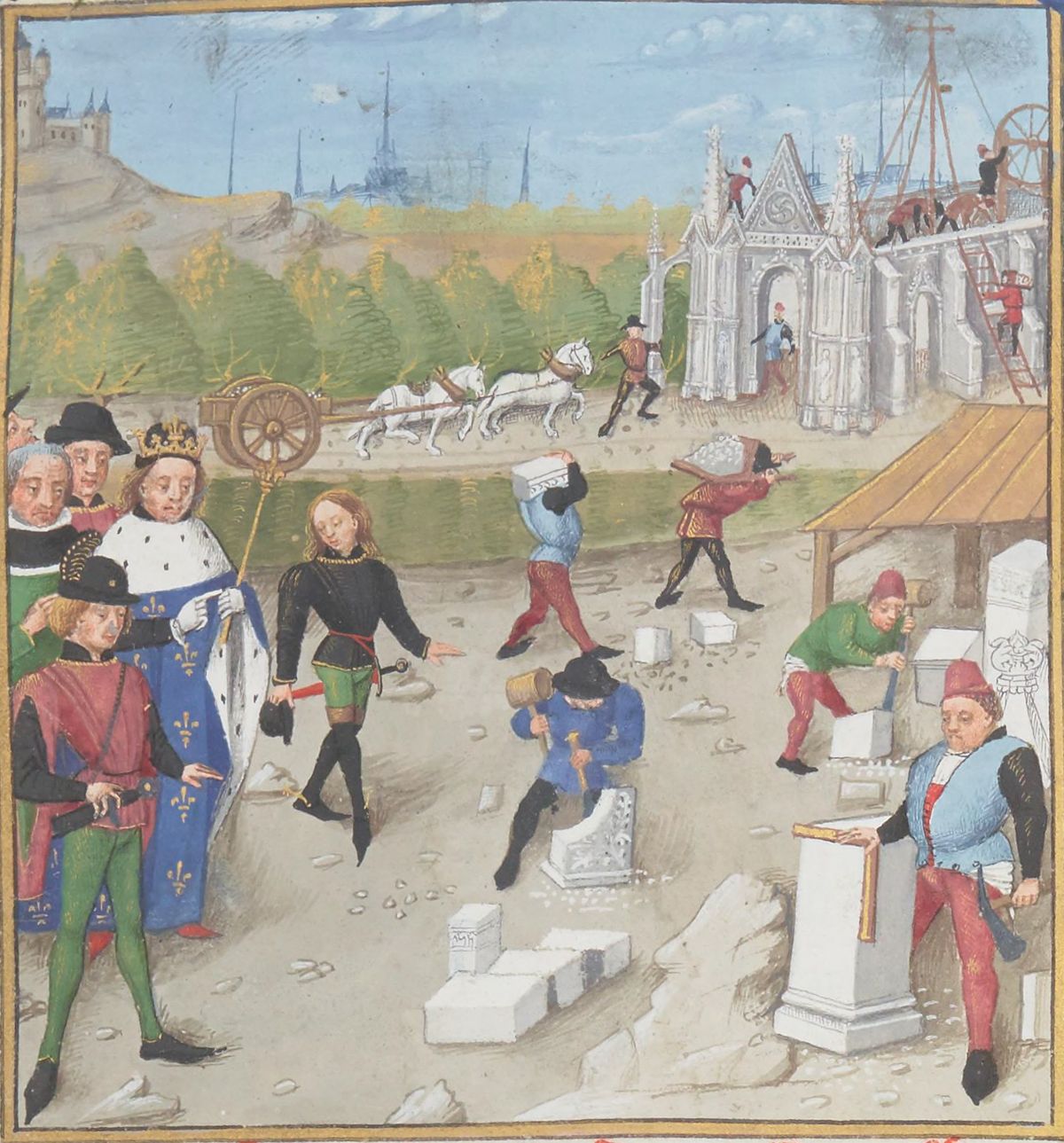 Dagobert I Visiting the Construction Site of the Abbey of St. Denis (1473) - Public Domain Catholic Painting