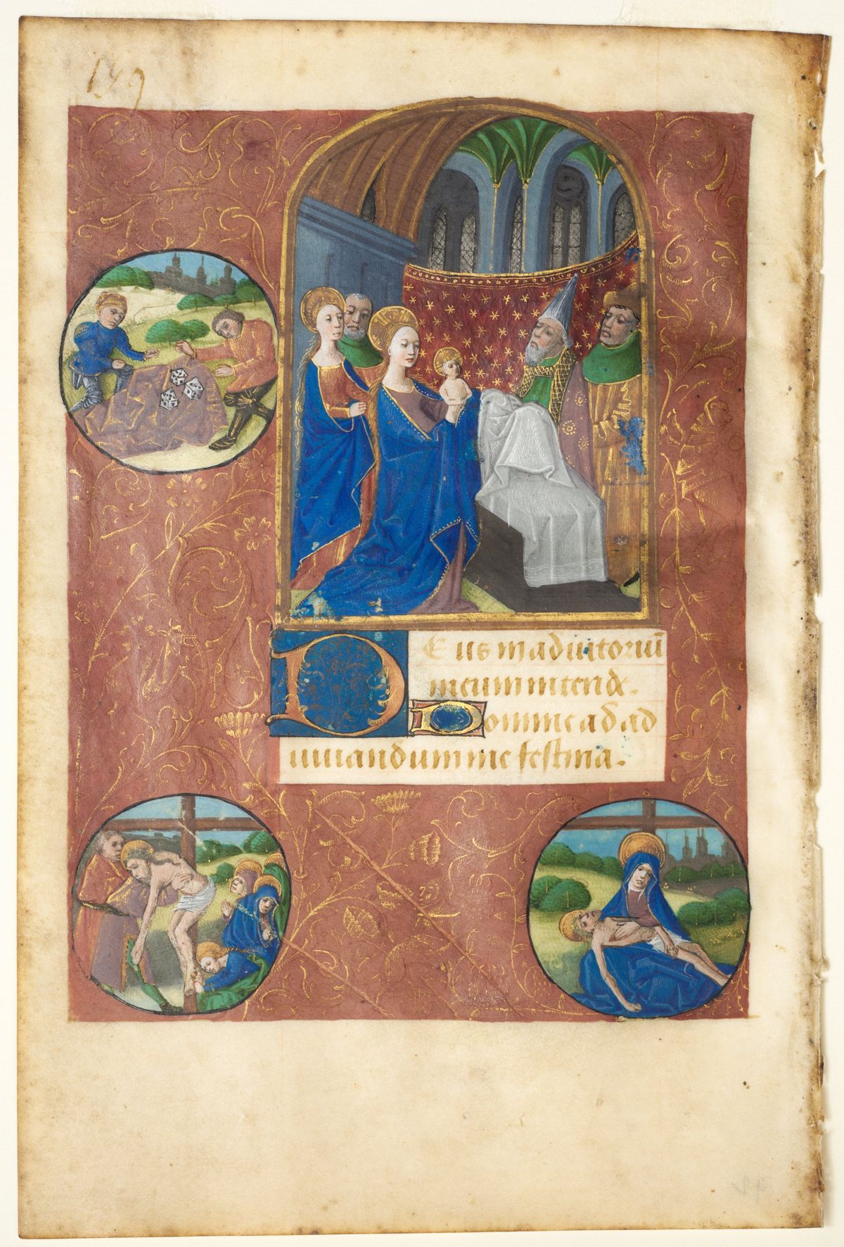 Leaf from a Book of Hours: Presentation in the Temple with Roundels of the Casting of Lots, the Deposition, and Pietà (None, Office of the Virgin) (1460–1470) by the follower of Master of Adélaïde de Savoie - Public Domain Illuminated Manuscript