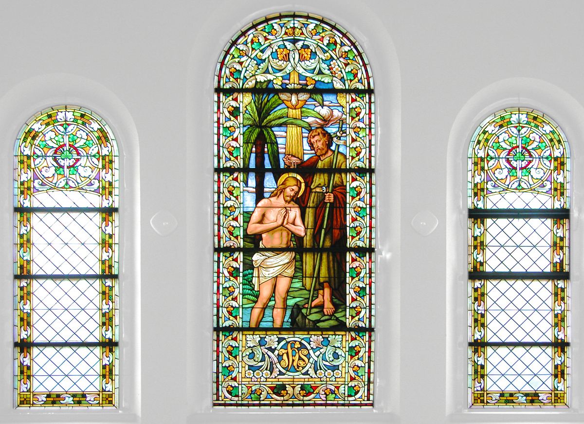 Baptism of Christ, Stained Glass Window, St. Jacob's Church (Dobeln, Germany, 2010) - Catholic Stock Photo