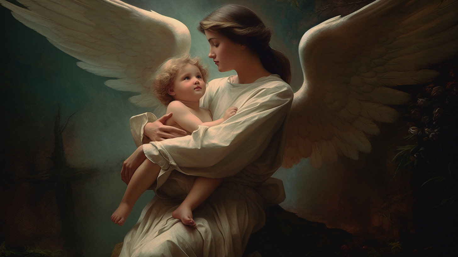 Guardian Angel Protecting a Child by Virginia S. Benedicte (2023) - Public Domain Catholic Painting