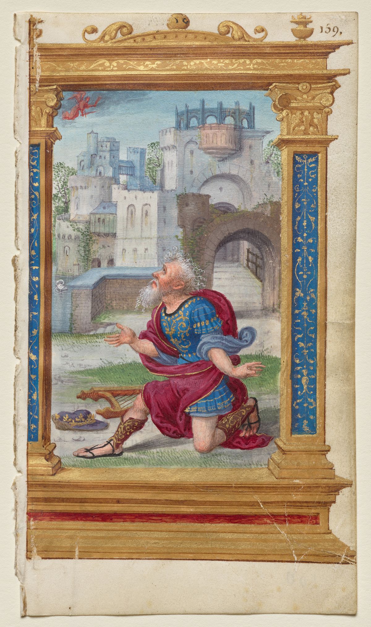 Leaf from a Book of Hours: King David in Prayer (1530–1535) by Noël Bellemare - Public Domain Illuminated Manuscript