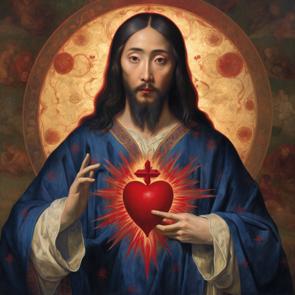 Chinese Sacred Heart of Jesus (2023) by Virginia S. Benedicte - Public Domain Catholic Painting