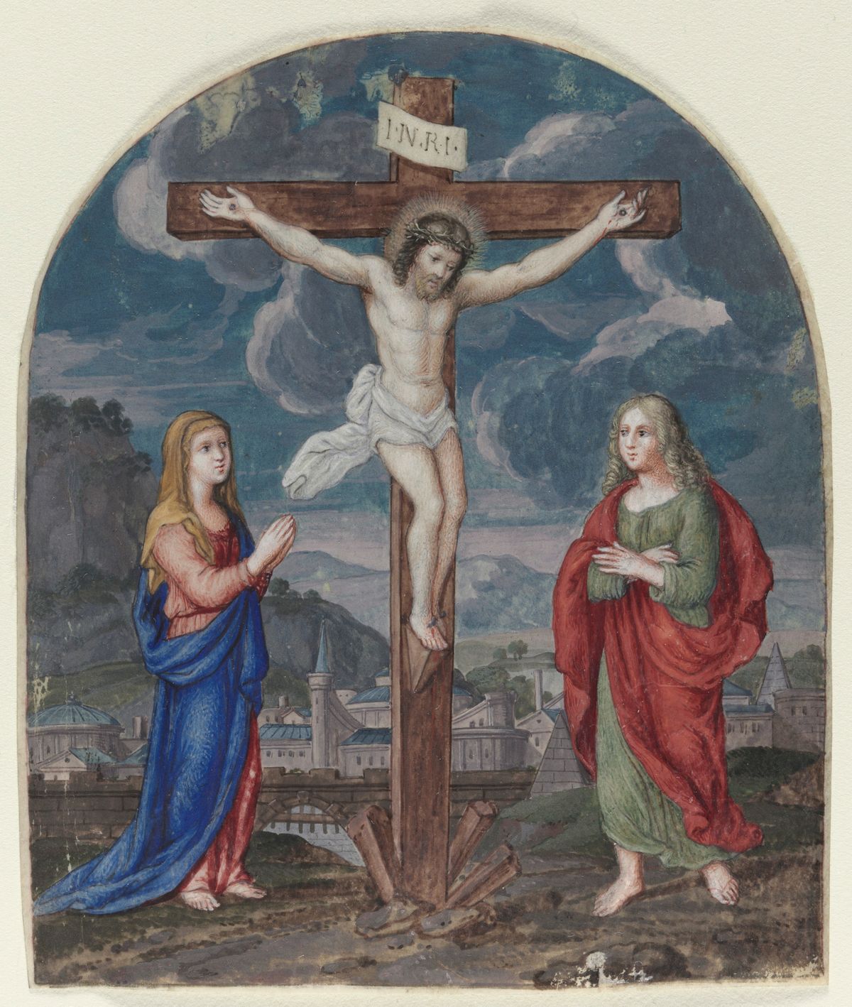 The Crucifixion: Miniature Excised from a Prayer Book (1540–1550, Flanders, Antwerp) - Public Domain Catholic Painting