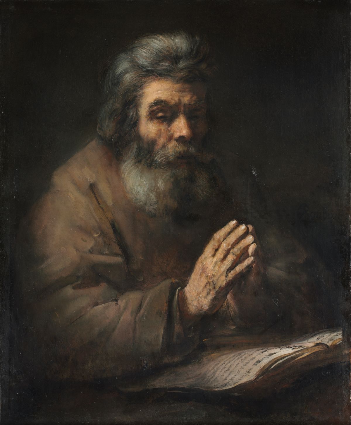 An Elderly Man in Prayer (Dutch, 1606–1669) by follower of Rembrandt van Rijn - Public Domain Catholic Painting
