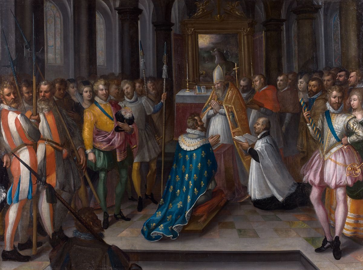 Henry IV of France renounces Protestantism at Saint-Denis (1593, France) by Nicolas Baullery - Public Domain Catholic Painting