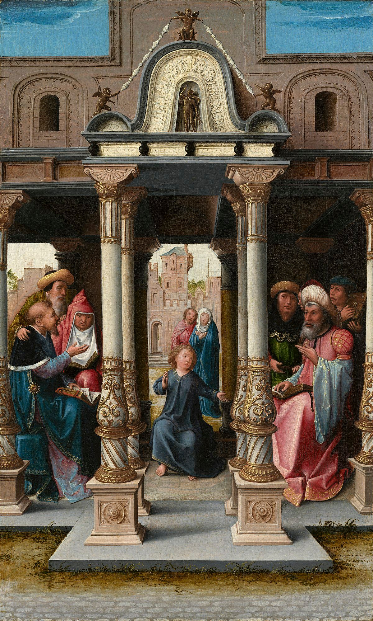 Christ among the Doctors (1513, Netherlands) by Bernard van Orley - Public Domain Catholic Painting