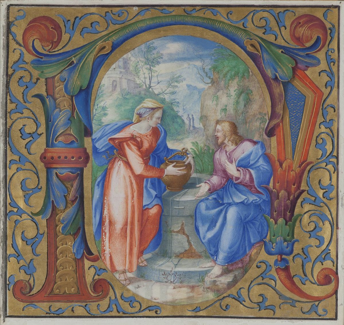 Christ and the Woman of Samaria at the Well (16th Century) - Public Domain Illuminated Manuscript