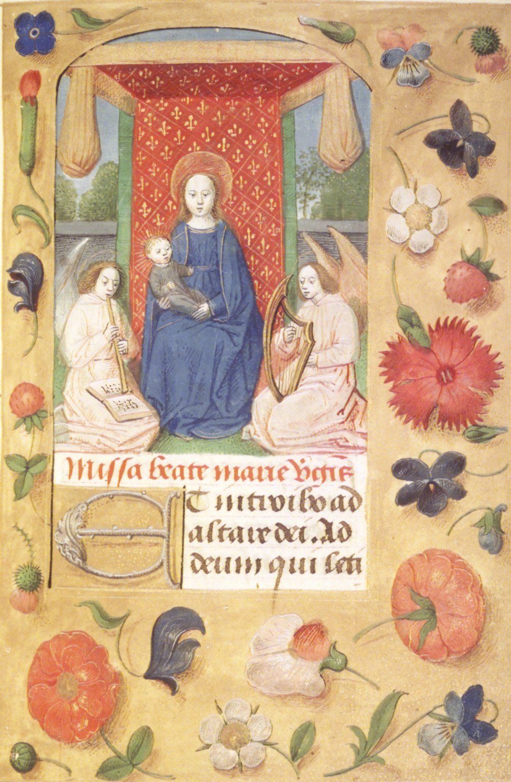 Virgin Mary and Child Christ with Angels page in the Horae Beatae Mariae Virginis (Flemish, 1510-1530) - Public Domain Illuminated Manuscript