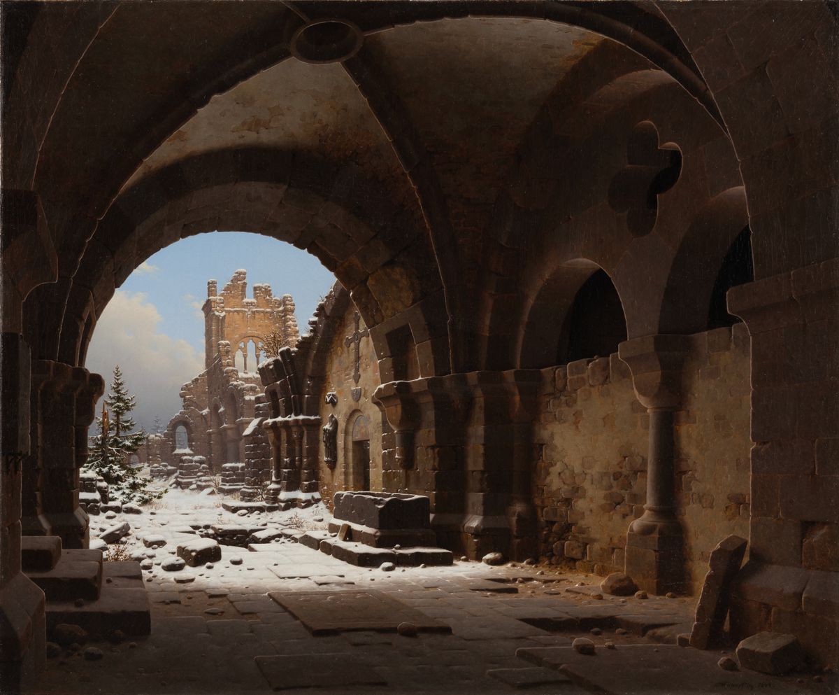 Church Ruin in Winter (1848) by Carl Georg Adolph Hasenpflug - Public Domain Catholic Painting