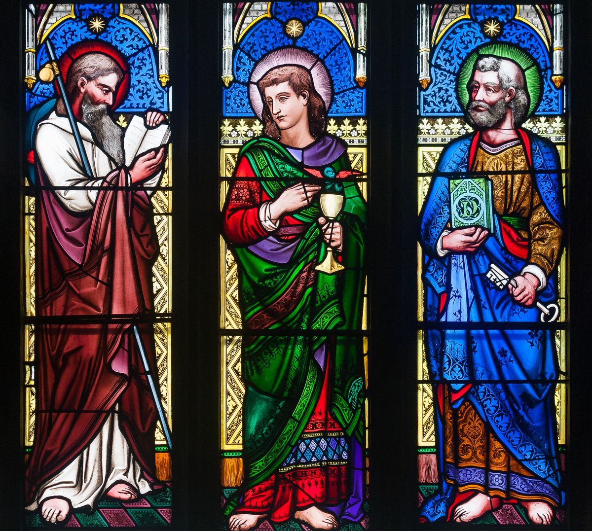 Apostles James the Greater, John, and Peter, Stained Glass Window in St. Patrick's Cathedral (Northern Ireland)(2013) by Andreas F. Borchert - Catholic Stock Photo