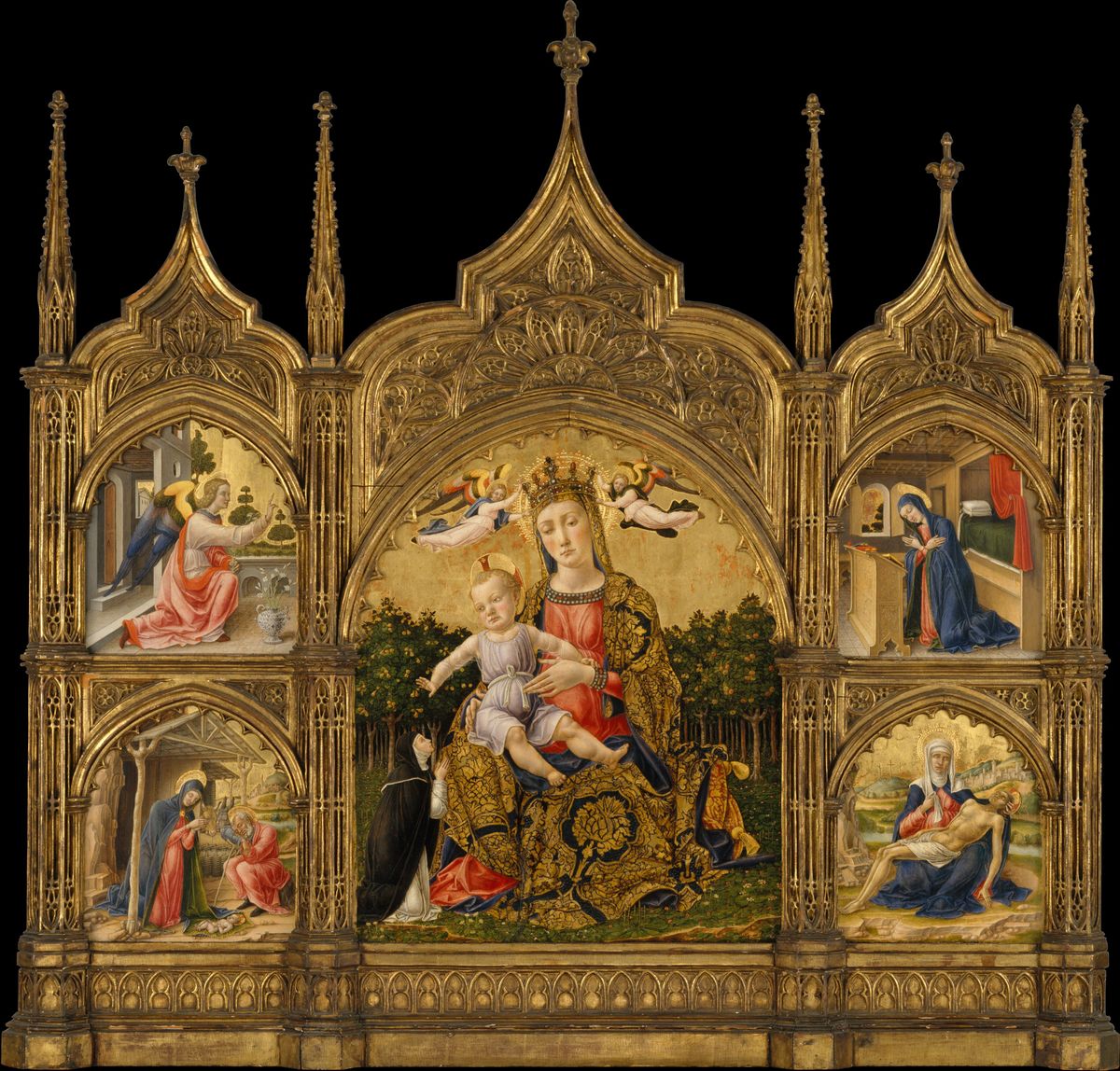 The Madonna of Humility, the Annunciation, the Nativity, and the Pietà (1465, Italy) by Bartolomeo Vivarini - Public Domain Catholic Painting