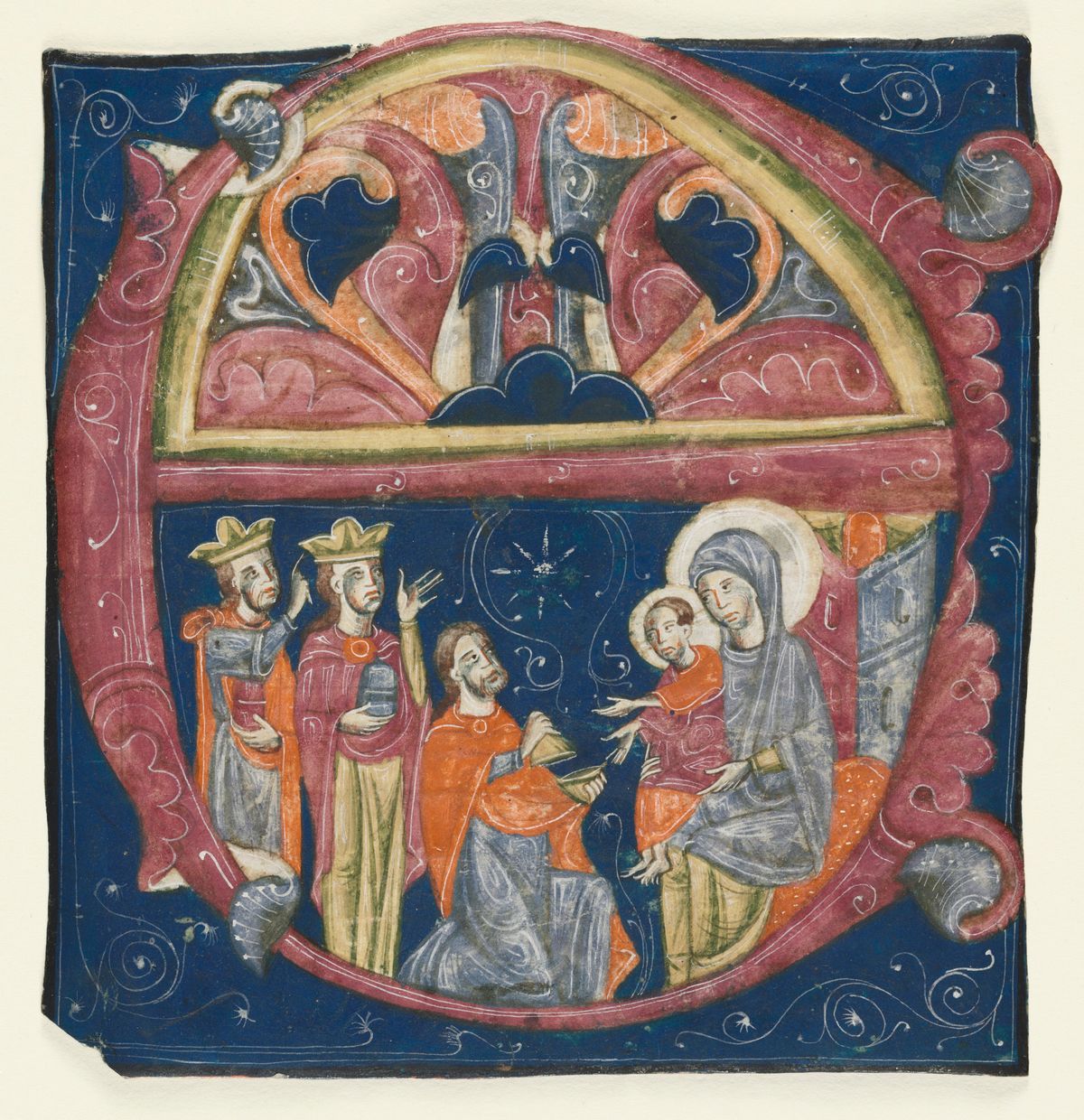 Historiated Initial (E) Excised from a Gradual: Adoration of the Magi (1200–1240 Italy, Siena) - Public Domain Catholic Painting