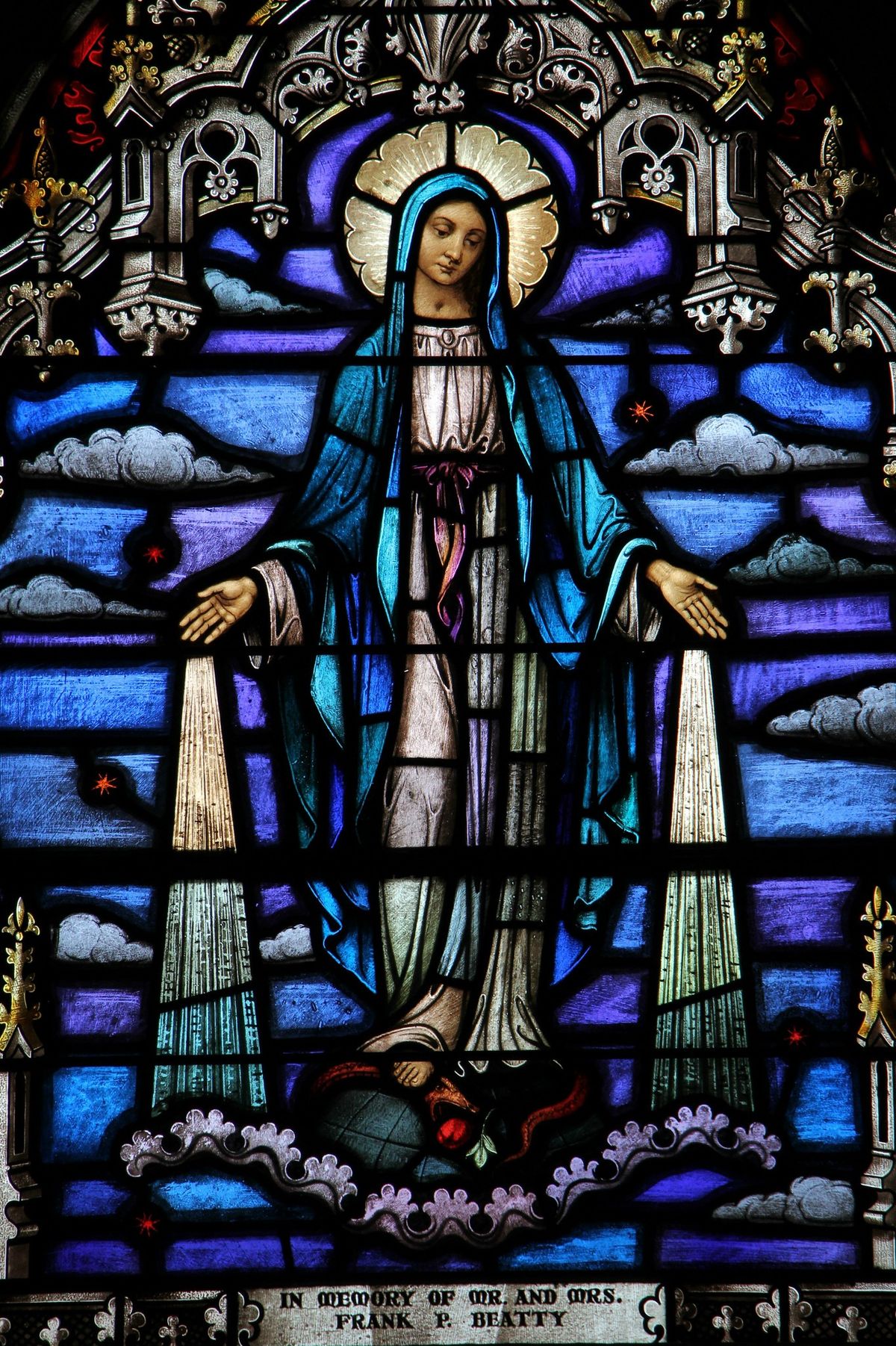 Our Lady of the Miraculous Medal Stained Glass Window (2016, St. Mary Church in Greenville, South Carolina) by Fr. James Bradley - Catholic Stock Photo