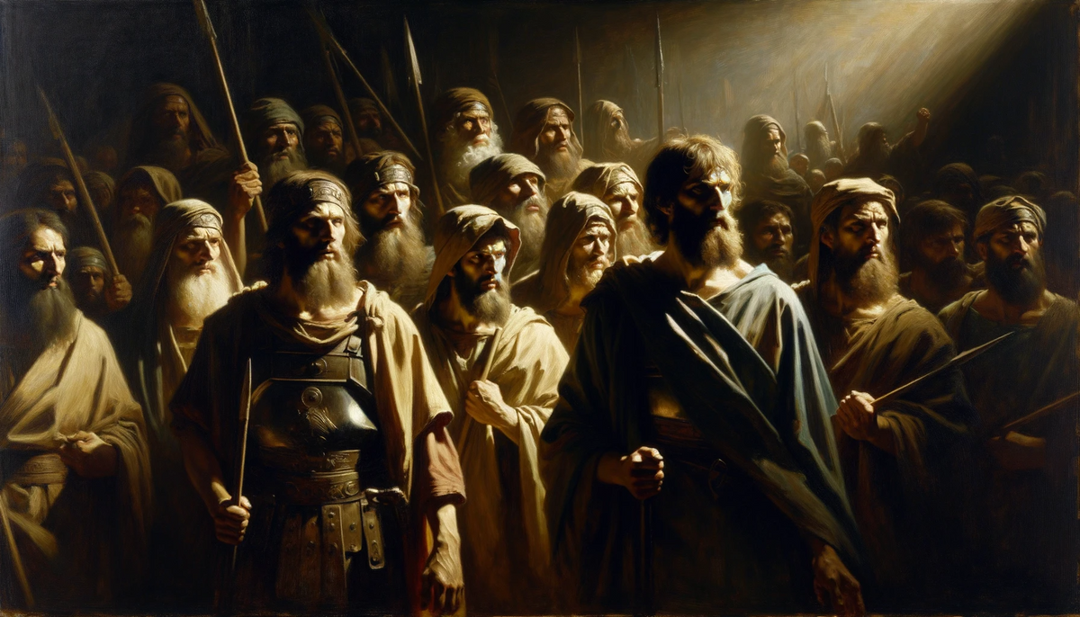 Divine Valor: The Resolute Maccabees Preparing for Battle (2023) by Virginia S. Benedicte - Public Domain Catholic Painting