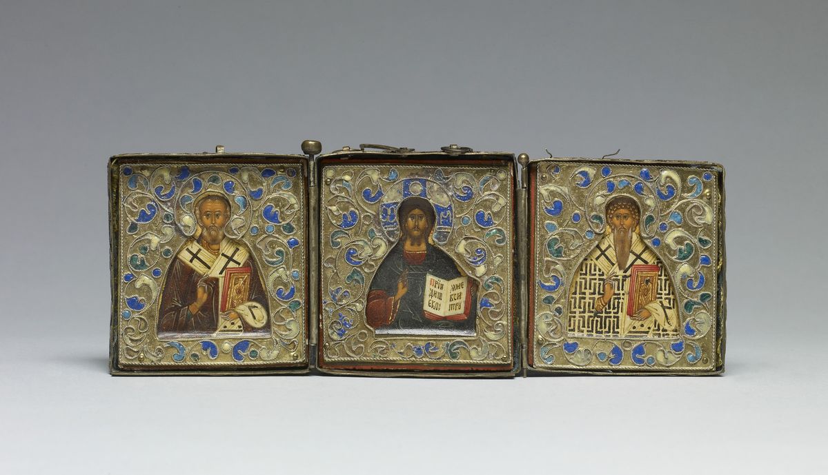 Triptych Icon of Christ, Saint Nicholas, and Saint Blaise (17th century, Russia) - Public Domain Byzantine Painting
