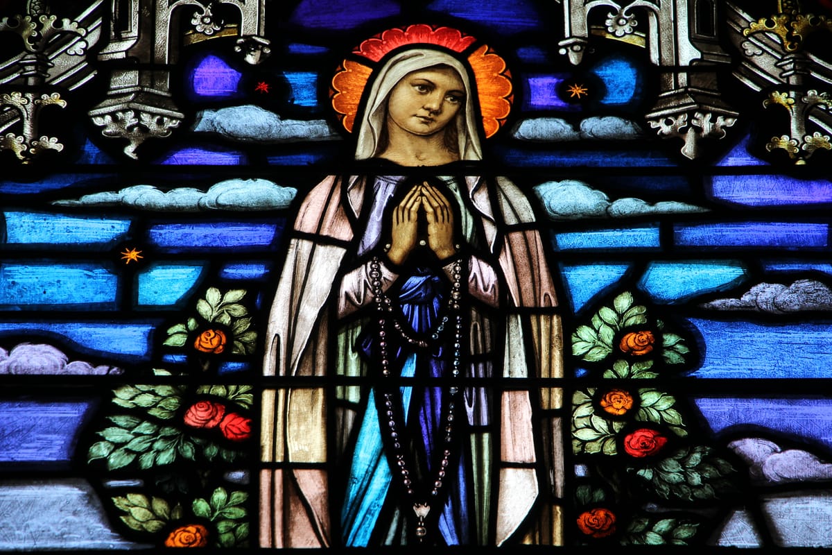Our Lady of Lourdes Stained Glass Window (2016) by Fr James Bradley - Catholic Stock Photo