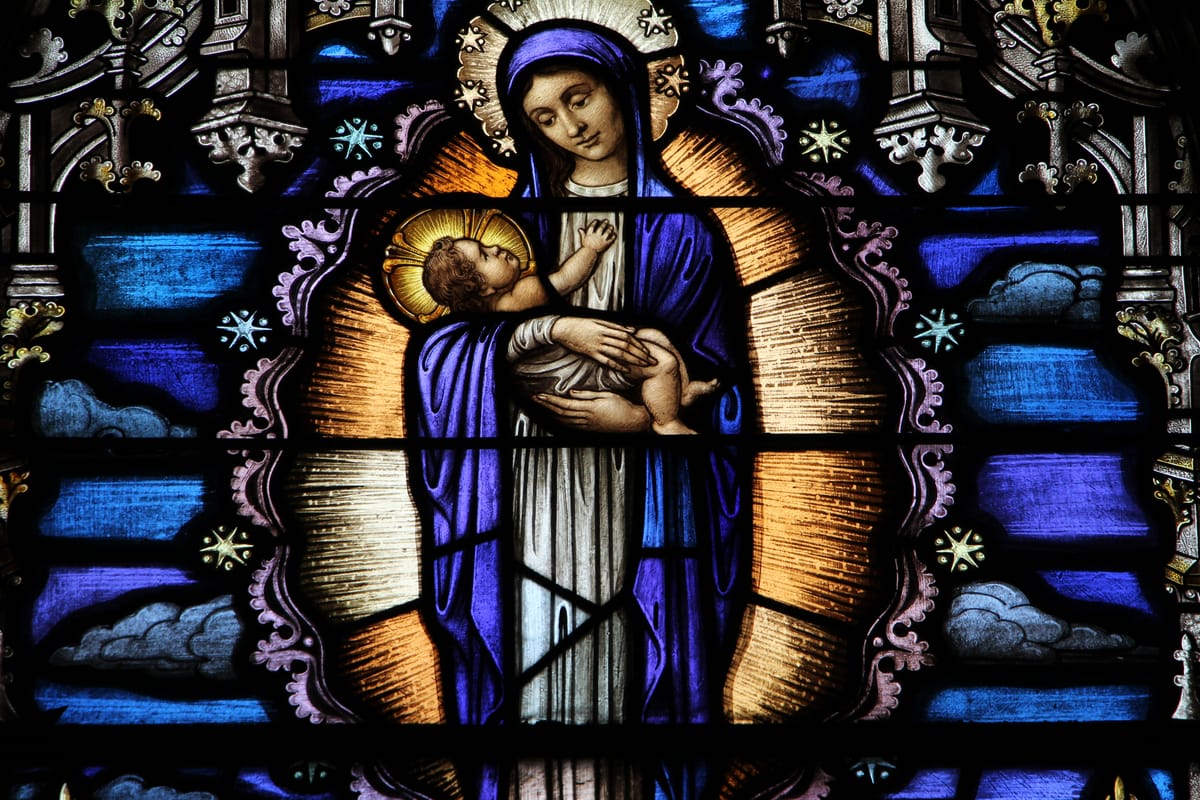 Madonna and Child Stained Glass Window (2016) by Fr James Bradley - Catholic Stock Photo