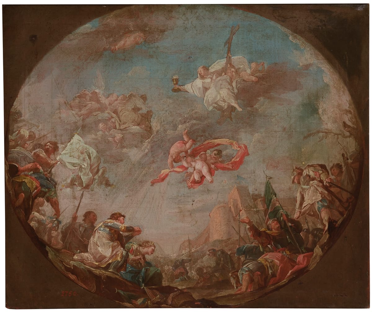 Sketch with the triumph of the Holy Cross for the ceiling of the Royal Palace of Madrid (Around 1763) by Francisco Bayeu y Subías - Public Domain Catholic Painting