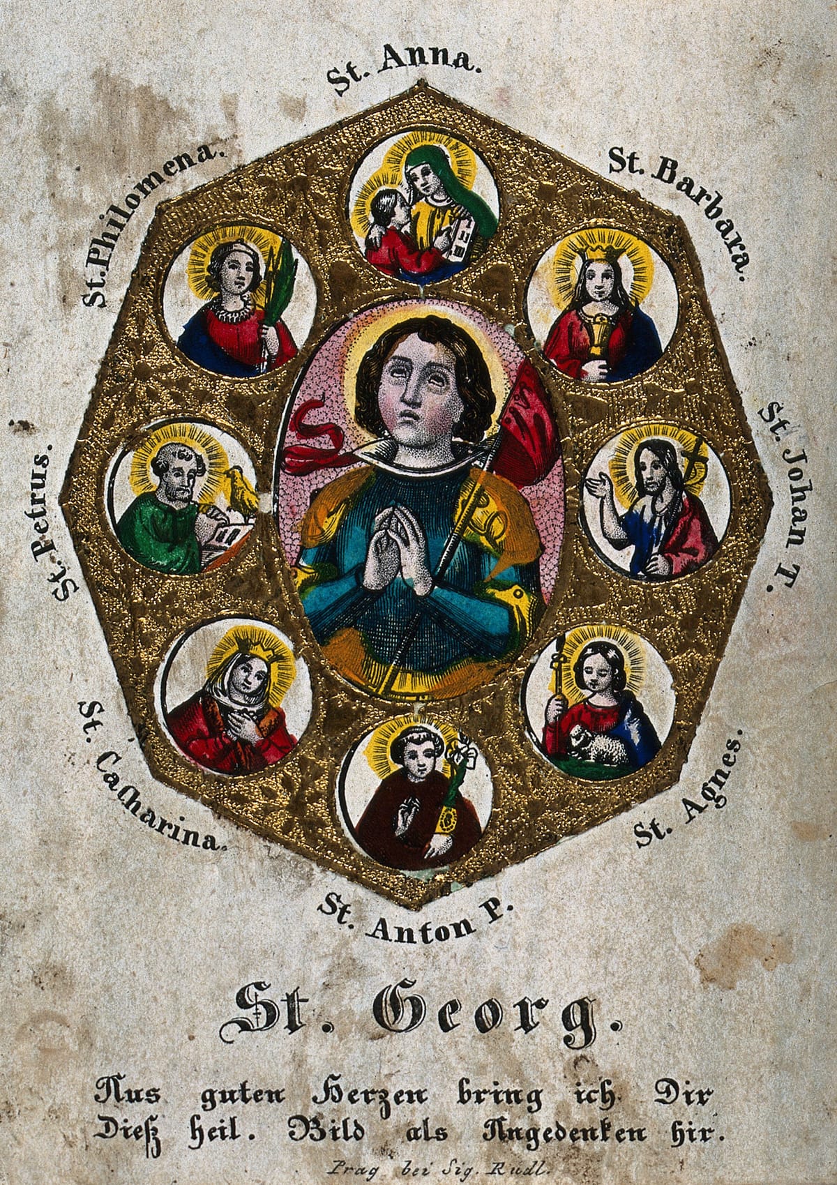 Saint George and Various Saints Colored Etching with Embossed Border (19th century, German) - Public Domain Catholic Drawing