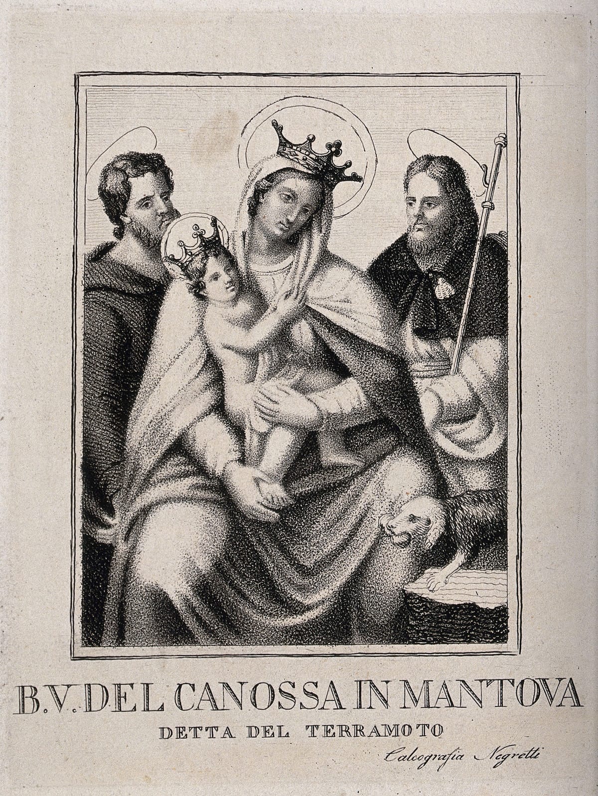 Saint Mary (the Blessed Virgin) with the Christ Child, and Saint Roch, as Protectors Against Earthquakes (1800-1899) - Public Domain Catholic Drawing