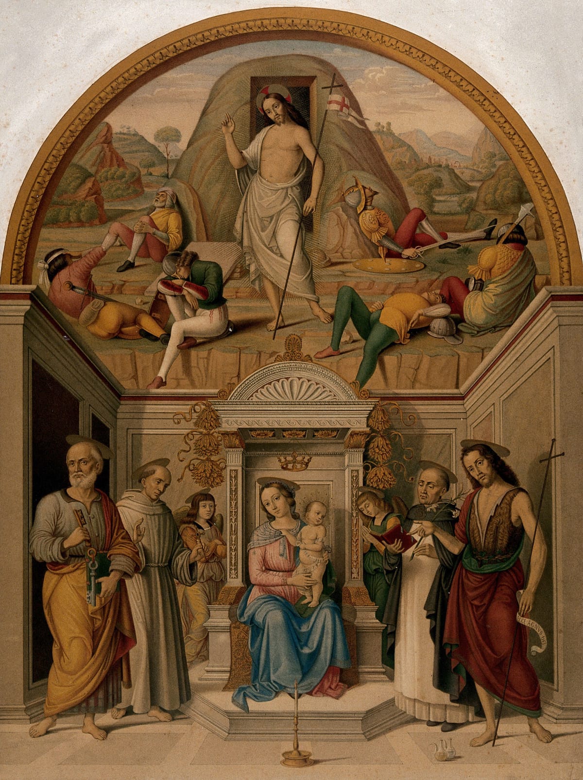 The Virgin with Christ Child enthroned with Saints Peter, Francis, Dominic and John the Baptist; above, the Resurrection of Christ - 1800s Chromolithograph by L. Gruner after G. Sanzio - Public Domain Catholic Painting