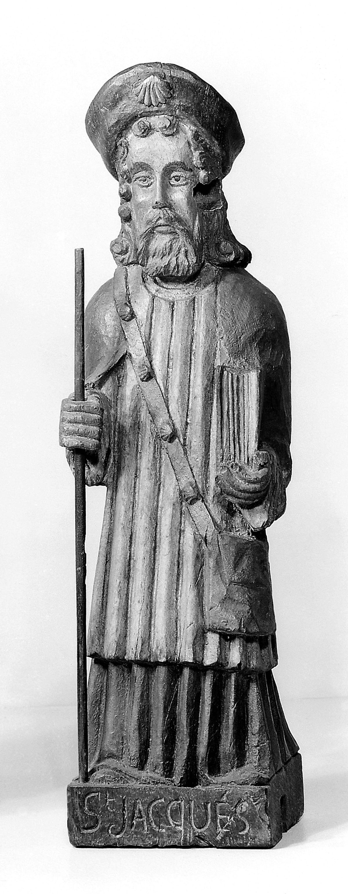 Saint James, Apostle Statue. Represented as a Pilgrim with Scrip and Scallop Shells on His Hat (15-16th century) - Catholic Stock Photo