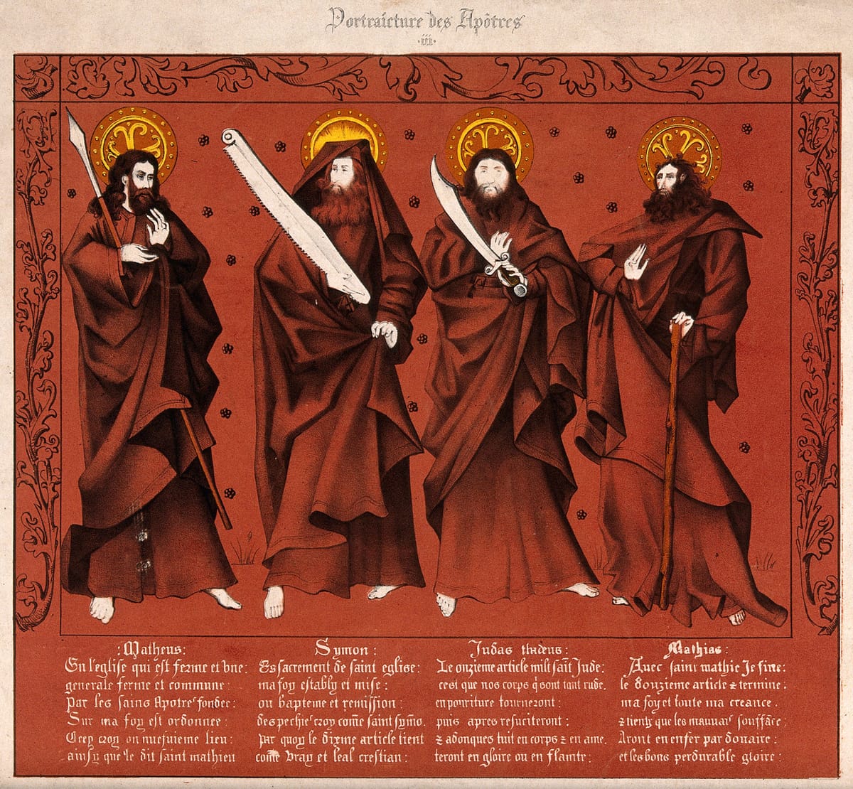 Saint Matthew, Saint Simon, Saint Jude Thaddeus and Saint Matthias. Color lithograph (mid to late 19th century) - Public Domain Catholic Drawing